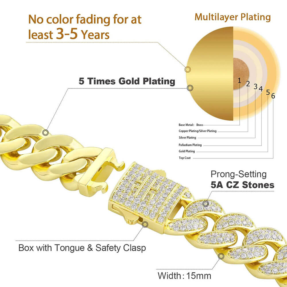 15MM 14k Gold Cuban Chain Necklace Iced Prong-Setting 5A CZ Stone Cuban Necklace