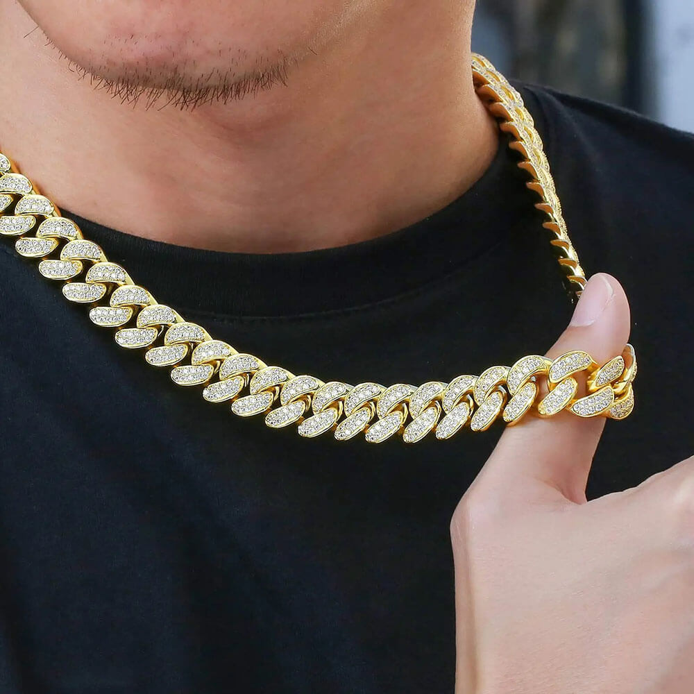15MM 14k Gold Cuban Chain Necklace Iced Prong-Setting 5A CZ Stone Cuban Necklace
