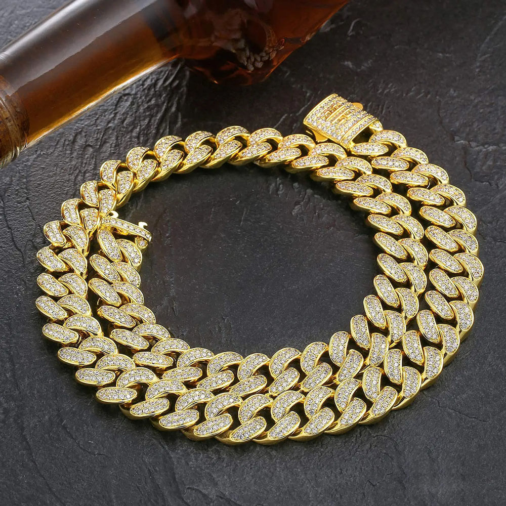 15MM 14k Gold Cuban Chain Necklace Iced Prong-Setting 5A CZ Stone Cuban Necklace