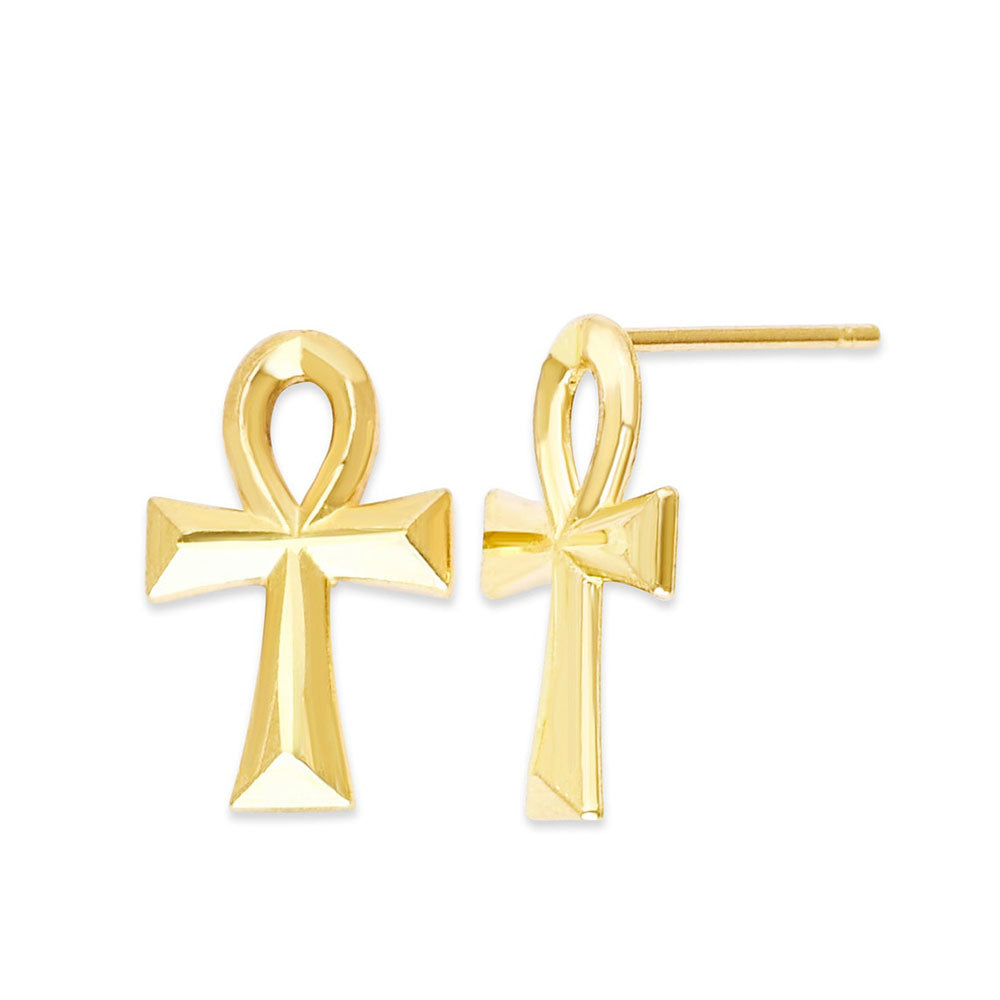 Hip Hop Cross Pendant 14k Solid Gold Stud Earrings