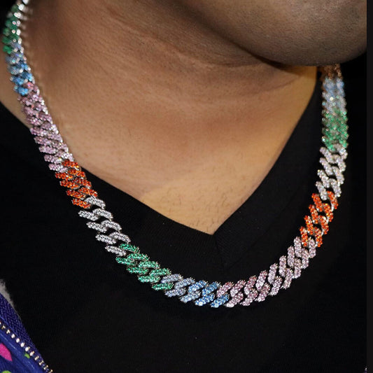 12mm Iced Out Rainbow Prong Cuban Hip Hop Link Chain Necklace