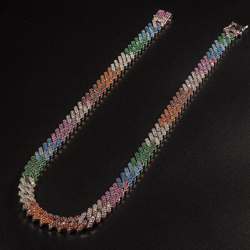 12mm Iced Out Rainbow Prong Cuban Hip Hop Link Chain Necklace