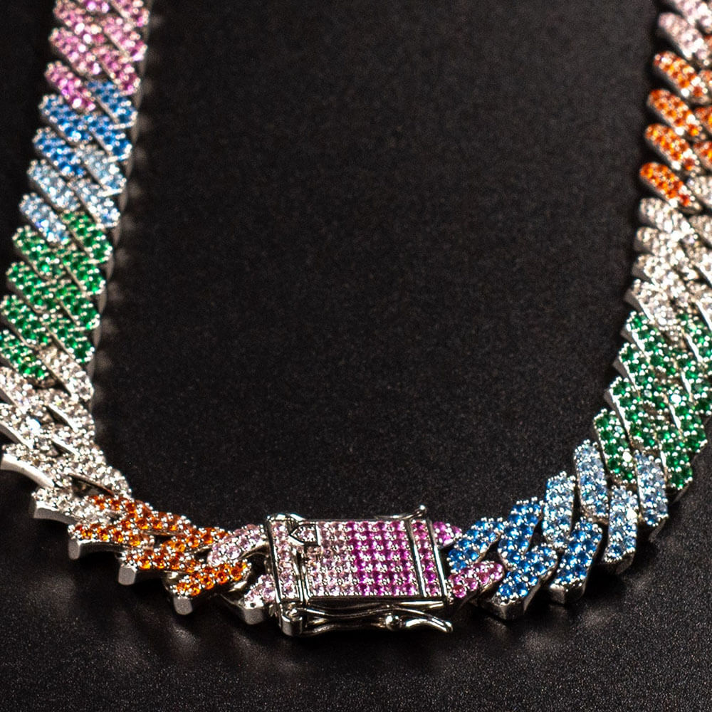 12mm Iced Out Rainbow Prong Cuban Hip Hop Link Chain Necklace