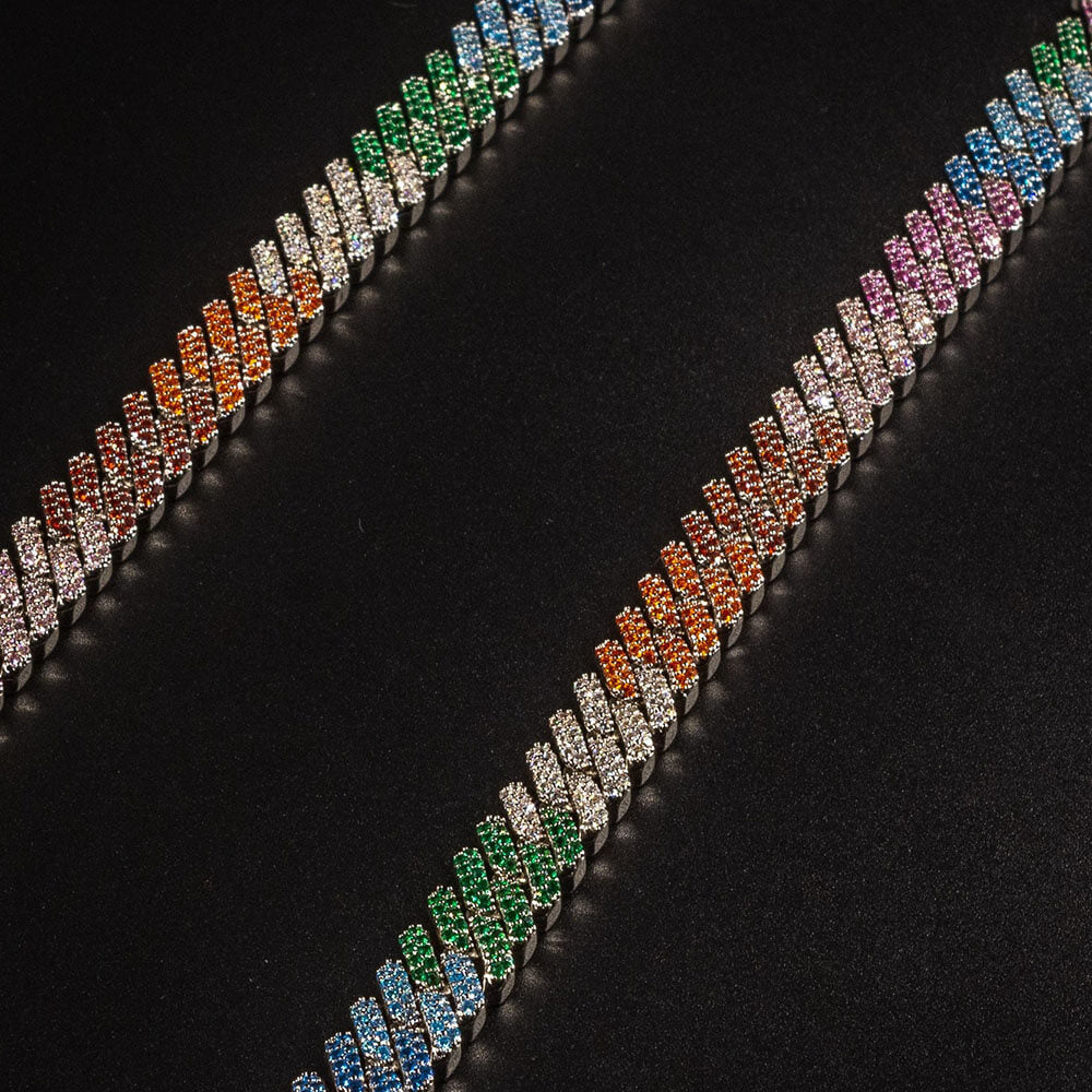12mm Iced Out Rainbow Prong Cuban Hip Hop Link Chain Necklace