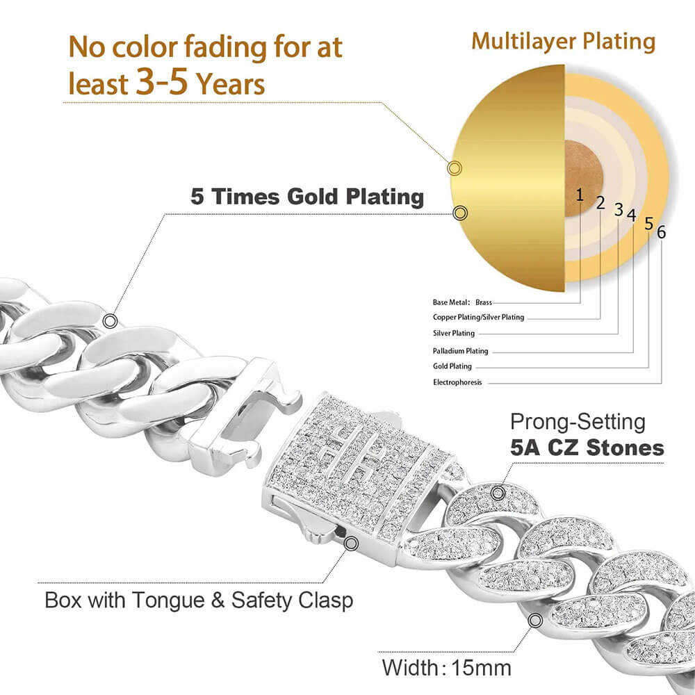 15MM 14k White Gold Cuban Chain Iced Prong-Setting 5A CZ Stone Cuban Necklace
