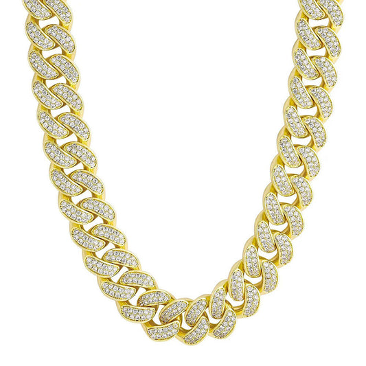 15MM 14k Gold Cuban Chain Necklace Iced Prong-Setting 5A CZ Stone Cuban Necklace