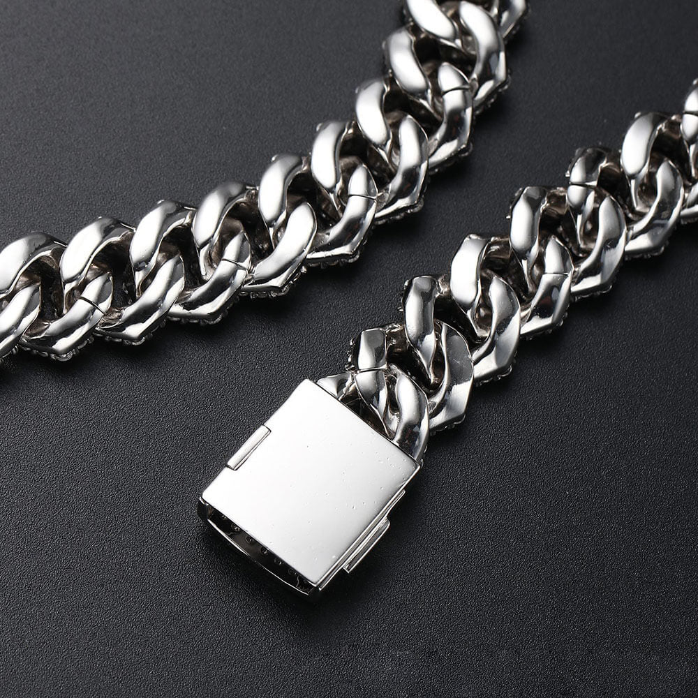 15MM Cuban Link Chain in Prong Setting with Iced Out Cuban Zircon