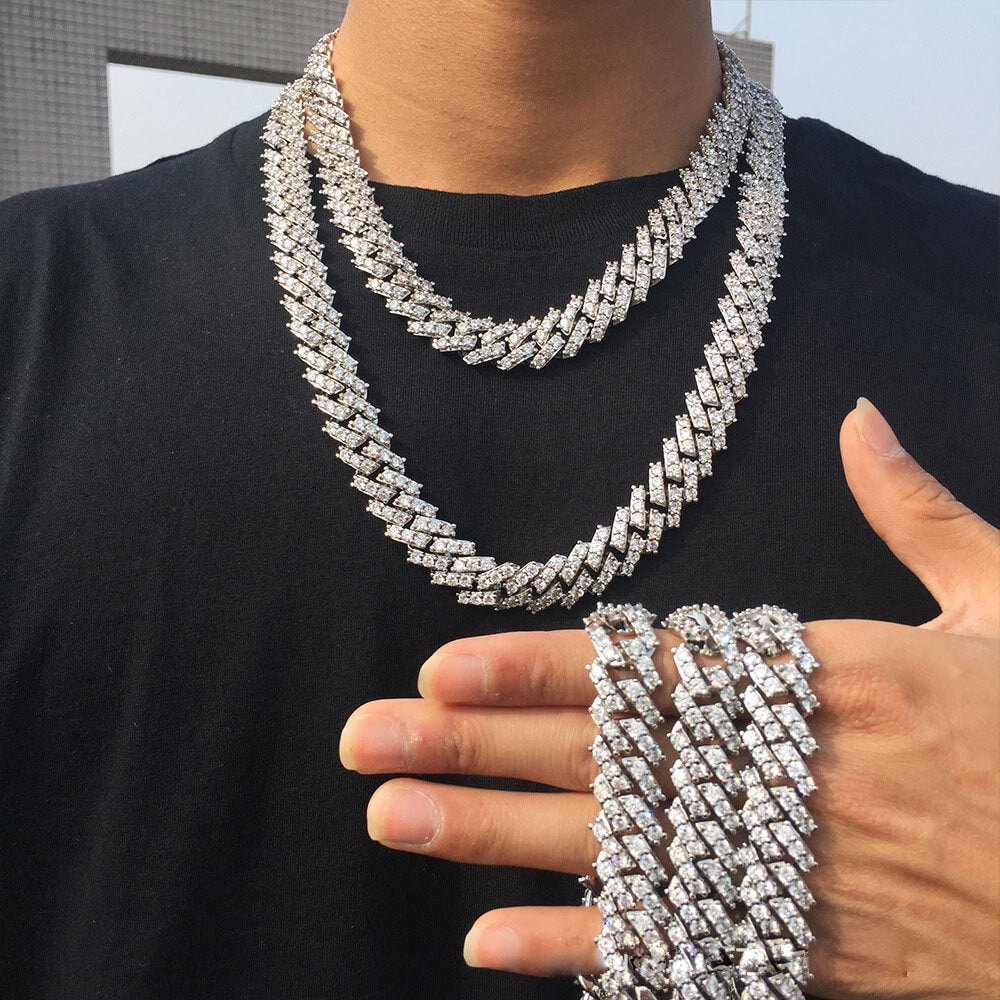 15MM Cuban Link Chain in Prong Setting with Iced Out Cuban Zircon