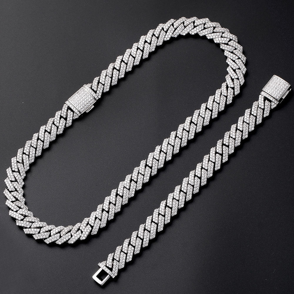 15MM Cuban Link Chain in Prong Setting with Iced Out Cuban Zircon
