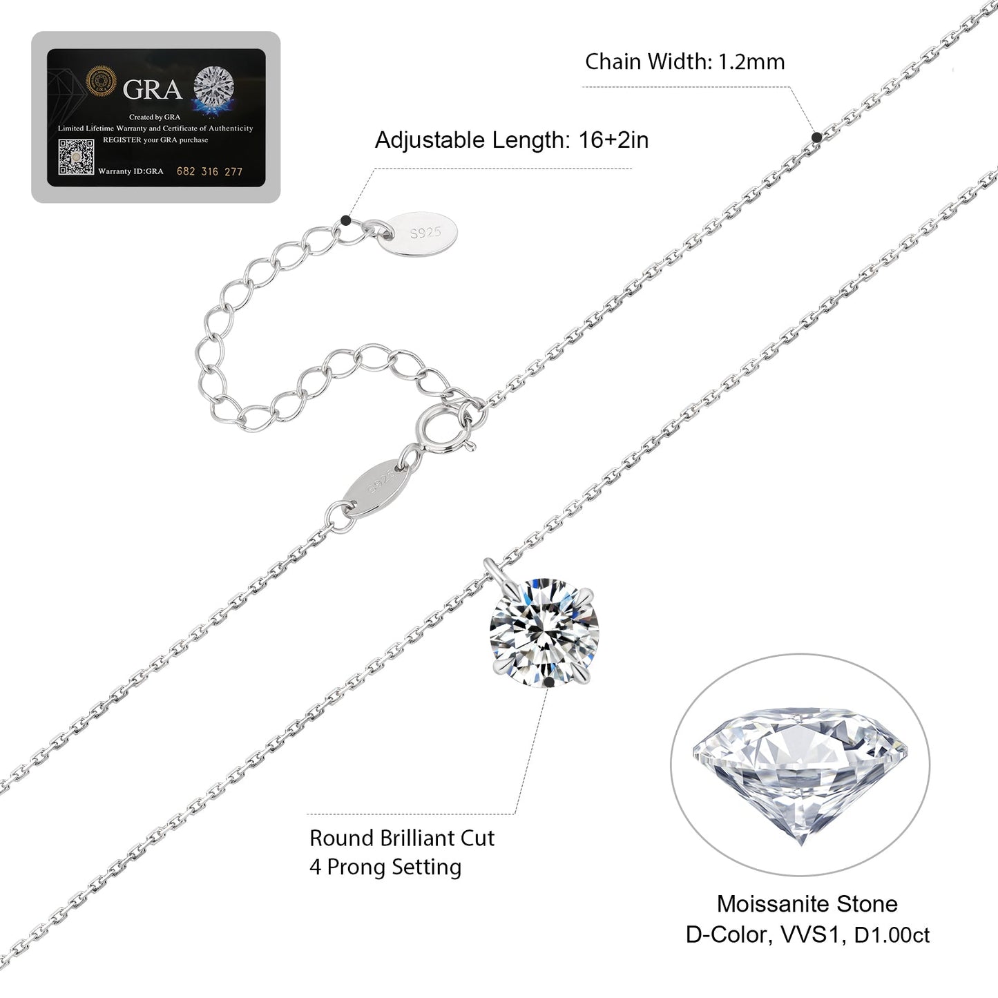925 Sterling Silver Necklace 1.0 Carats VVS1 Moissanite Round Pendant Necklace